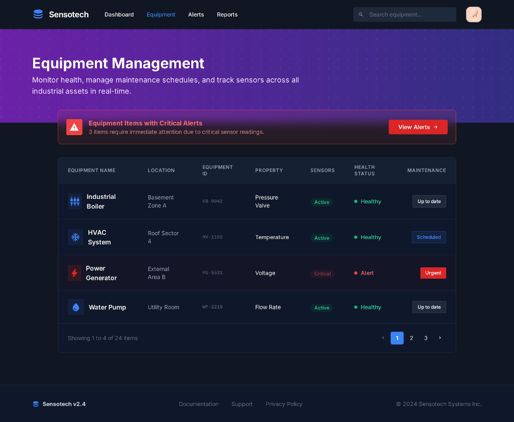 Sensotech Equipment Management — Monitor health, manage maintenance schedules, and track sensors across all industrial assets