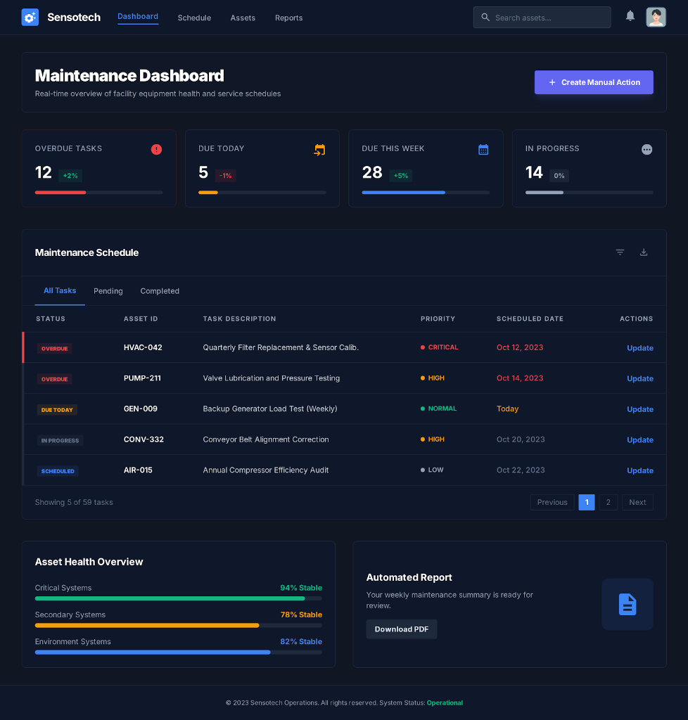Sensotech Maintenance Dashboard — Real-time overview of facility equipment health and service schedules
