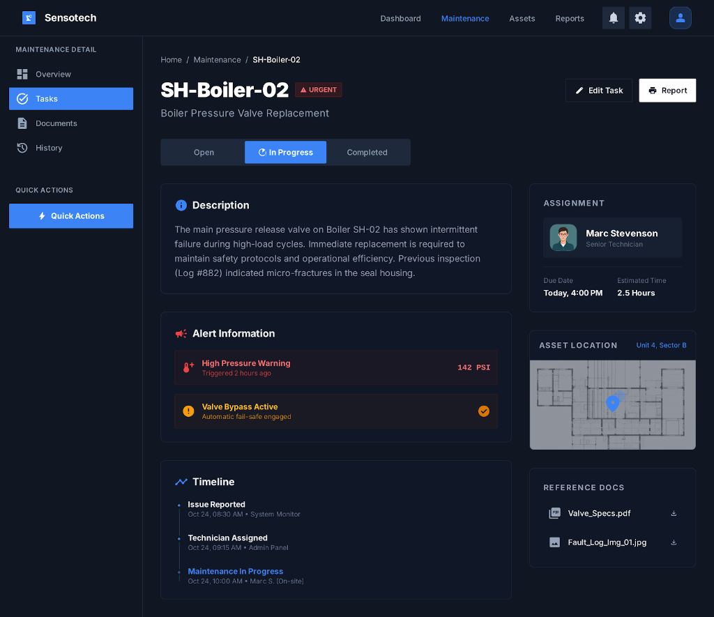 Sensotech Maintenance Tracking — Work order detail view with task assignments, alert history, and completion timeline